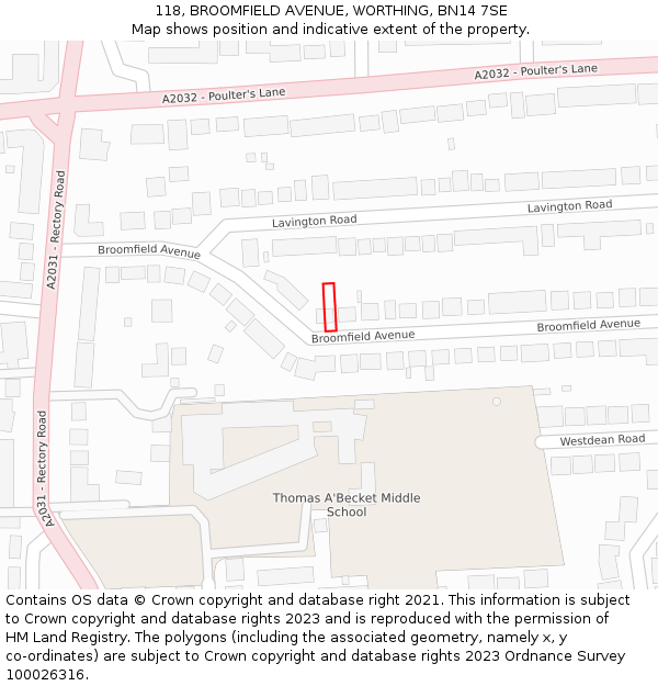 118, BROOMFIELD AVENUE, WORTHING, BN14 7SE: Location map and indicative extent of plot