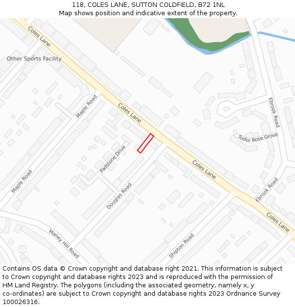 118, COLES LANE, SUTTON COLDFIELD, B72 1NL: Location map and indicative extent of plot