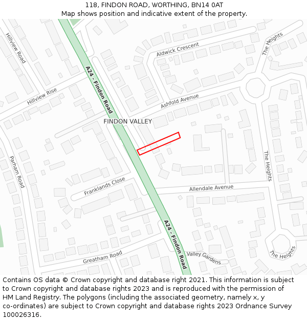 118, FINDON ROAD, WORTHING, BN14 0AT: Location map and indicative extent of plot