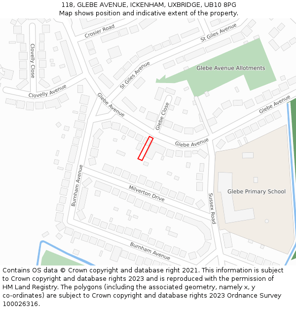 118, GLEBE AVENUE, ICKENHAM, UXBRIDGE, UB10 8PG: Location map and indicative extent of plot