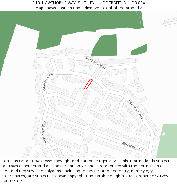 118, HAWTHORNE WAY, SHELLEY, HUDDERSFIELD, HD8 8PX: Location map and indicative extent of plot