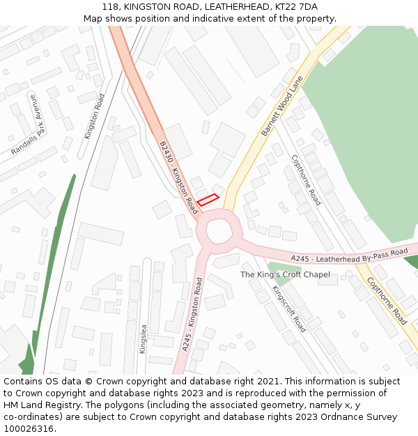 118, KINGSTON ROAD, LEATHERHEAD, KT22 7DA: Location map and indicative extent of plot