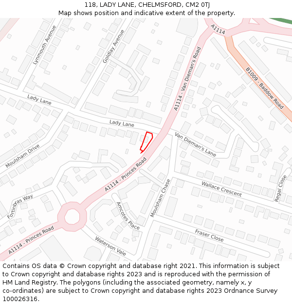 118, LADY LANE, CHELMSFORD, CM2 0TJ: Location map and indicative extent of plot
