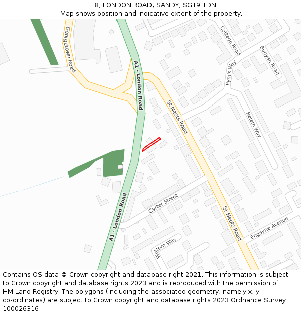 118, LONDON ROAD, SANDY, SG19 1DN: Location map and indicative extent of plot