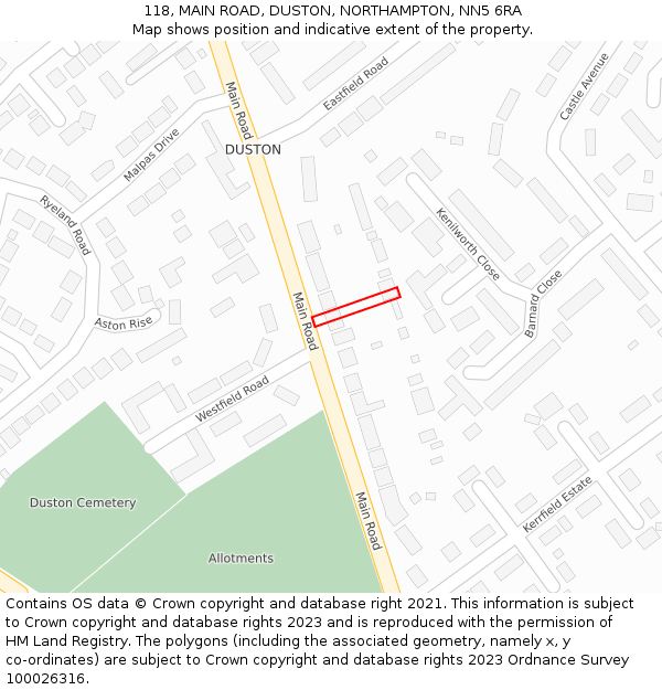 118, MAIN ROAD, DUSTON, NORTHAMPTON, NN5 6RA: Location map and indicative extent of plot
