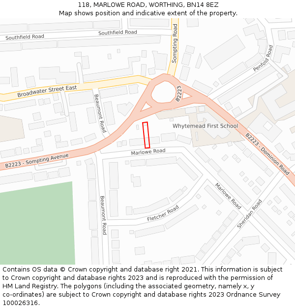 118, MARLOWE ROAD, WORTHING, BN14 8EZ: Location map and indicative extent of plot