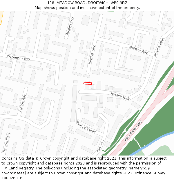118, MEADOW ROAD, DROITWICH, WR9 9BZ: Location map and indicative extent of plot