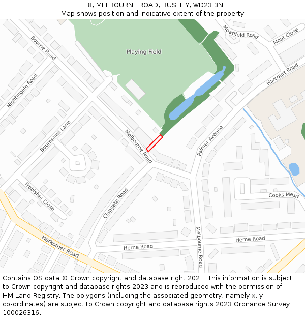118, MELBOURNE ROAD, BUSHEY, WD23 3NE: Location map and indicative extent of plot