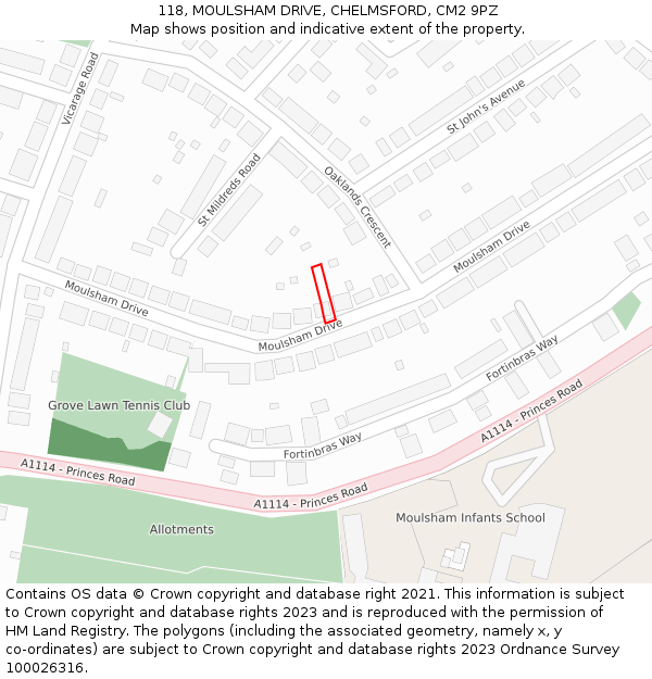 118, MOULSHAM DRIVE, CHELMSFORD, CM2 9PZ: Location map and indicative extent of plot