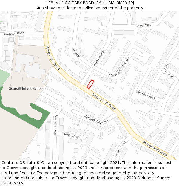 118, MUNGO PARK ROAD, RAINHAM, RM13 7PJ: Location map and indicative extent of plot