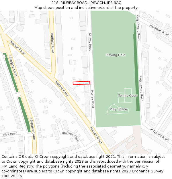 118, MURRAY ROAD, IPSWICH, IP3 9AQ: Location map and indicative extent of plot