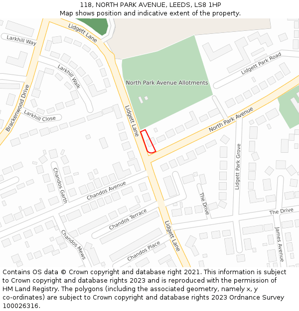 118, NORTH PARK AVENUE, LEEDS, LS8 1HP: Location map and indicative extent of plot