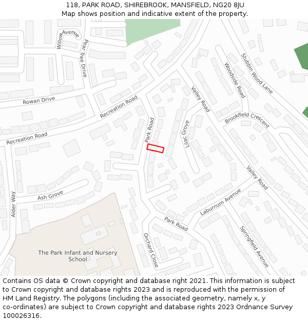 118, PARK ROAD, SHIREBROOK, MANSFIELD, NG20 8JU: Location map and indicative extent of plot