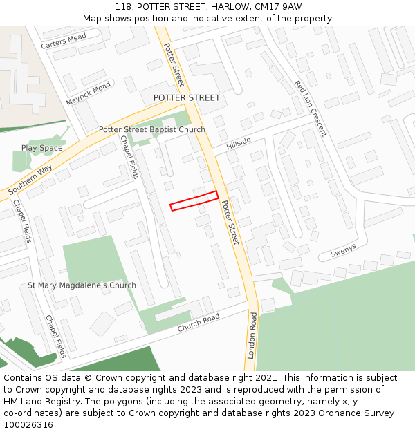 118, POTTER STREET, HARLOW, CM17 9AW: Location map and indicative extent of plot