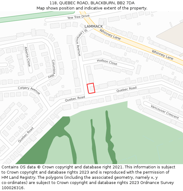 118, QUEBEC ROAD, BLACKBURN, BB2 7DA: Location map and indicative extent of plot