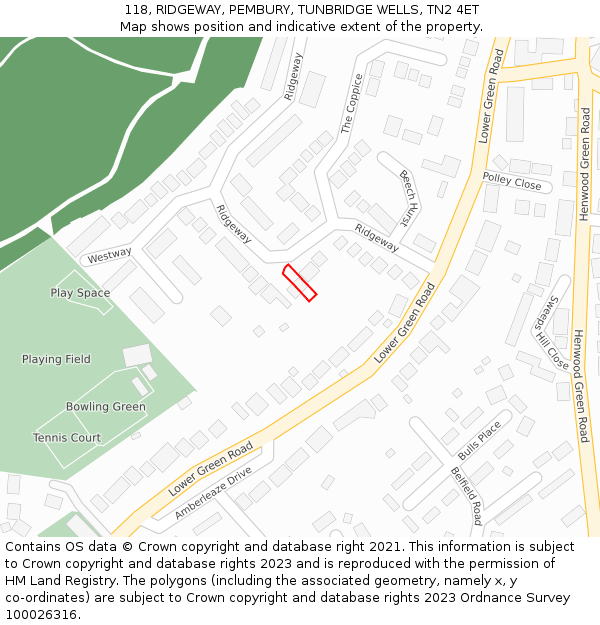 118, RIDGEWAY, PEMBURY, TUNBRIDGE WELLS, TN2 4ET: Location map and indicative extent of plot