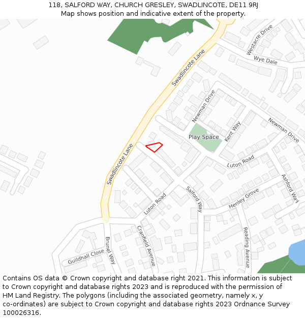 118, SALFORD WAY, CHURCH GRESLEY, SWADLINCOTE, DE11 9RJ: Location map and indicative extent of plot