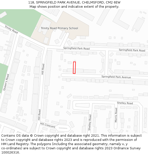 118, SPRINGFIELD PARK AVENUE, CHELMSFORD, CM2 6EW: Location map and indicative extent of plot