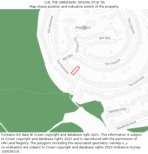 118, THE GREENWAY, EPSOM, KT18 7JA: Location map and indicative extent of plot