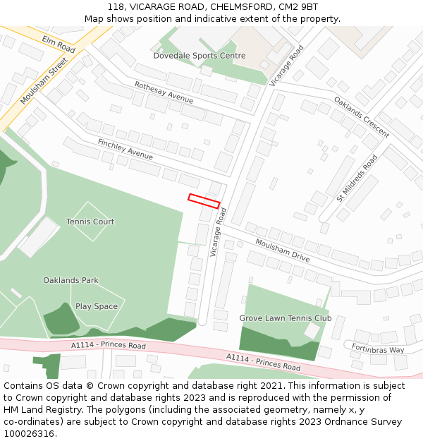 118, VICARAGE ROAD, CHELMSFORD, CM2 9BT: Location map and indicative extent of plot