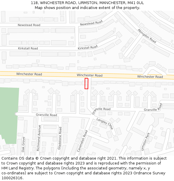 118, WINCHESTER ROAD, URMSTON, MANCHESTER, M41 0UL: Location map and indicative extent of plot
