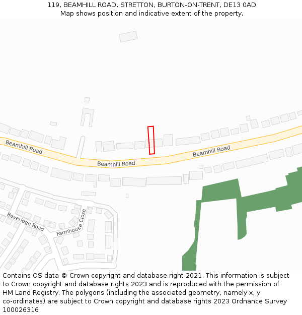 119, BEAMHILL ROAD, STRETTON, BURTON-ON-TRENT, DE13 0AD: Location map and indicative extent of plot