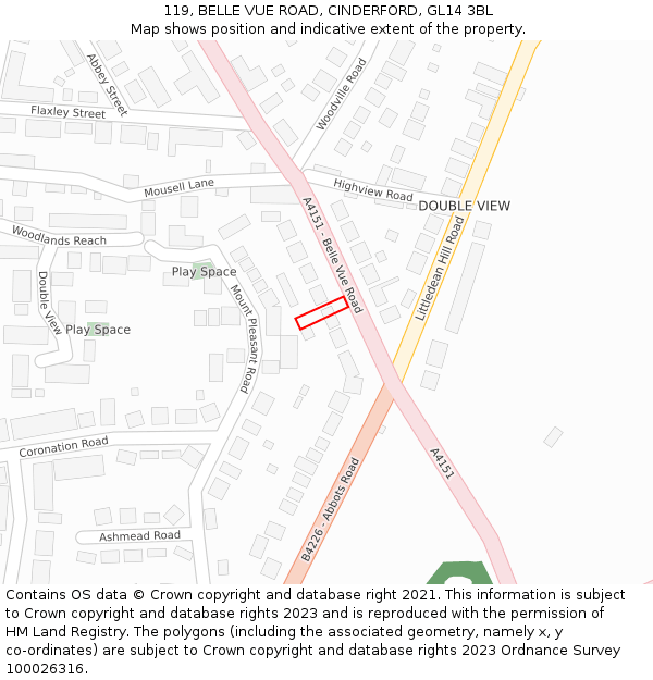 119, BELLE VUE ROAD, CINDERFORD, GL14 3BL: Location map and indicative extent of plot