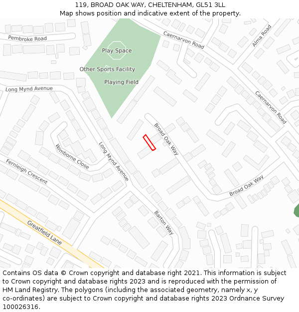 119, BROAD OAK WAY, CHELTENHAM, GL51 3LL: Location map and indicative extent of plot