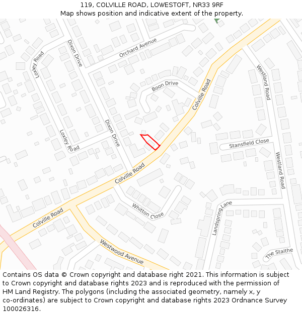 119, COLVILLE ROAD, LOWESTOFT, NR33 9RF: Location map and indicative extent of plot