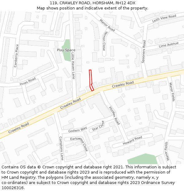 119, CRAWLEY ROAD, HORSHAM, RH12 4DX: Location map and indicative extent of plot