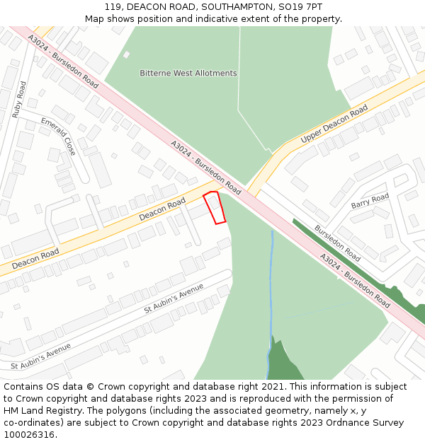 119, DEACON ROAD, SOUTHAMPTON, SO19 7PT: Location map and indicative extent of plot