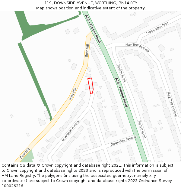 119, DOWNSIDE AVENUE, WORTHING, BN14 0EY: Location map and indicative extent of plot