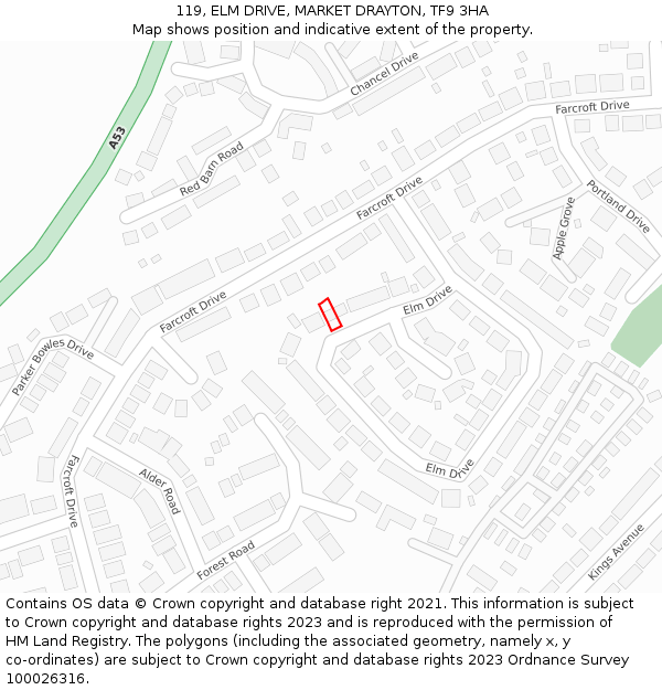 119, ELM DRIVE, MARKET DRAYTON, TF9 3HA: Location map and indicative extent of plot