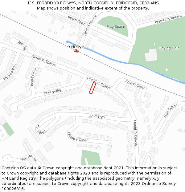 119, FFORDD YR EGLWYS, NORTH CORNELLY, BRIDGEND, CF33 4NS: Location map and indicative extent of plot