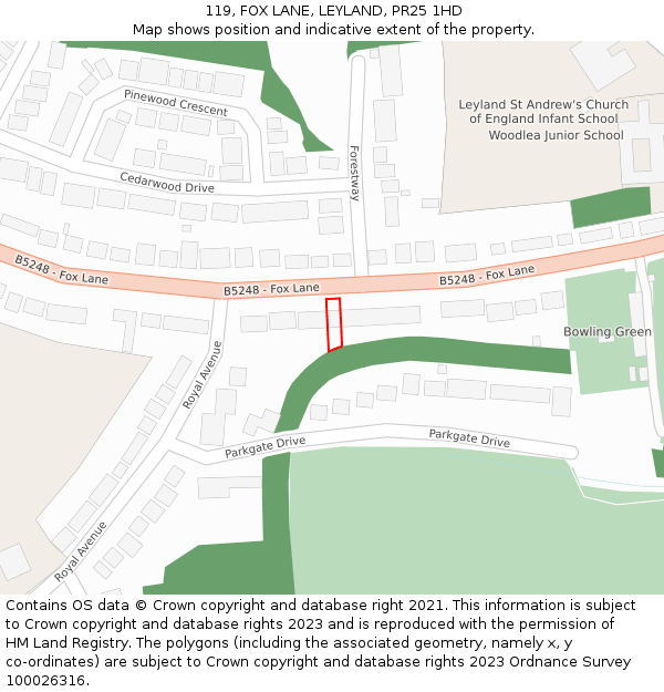 119, FOX LANE, LEYLAND, PR25 1HD: Location map and indicative extent of plot