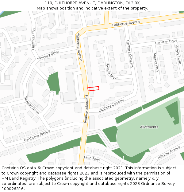119, FULTHORPE AVENUE, DARLINGTON, DL3 9XJ: Location map and indicative extent of plot