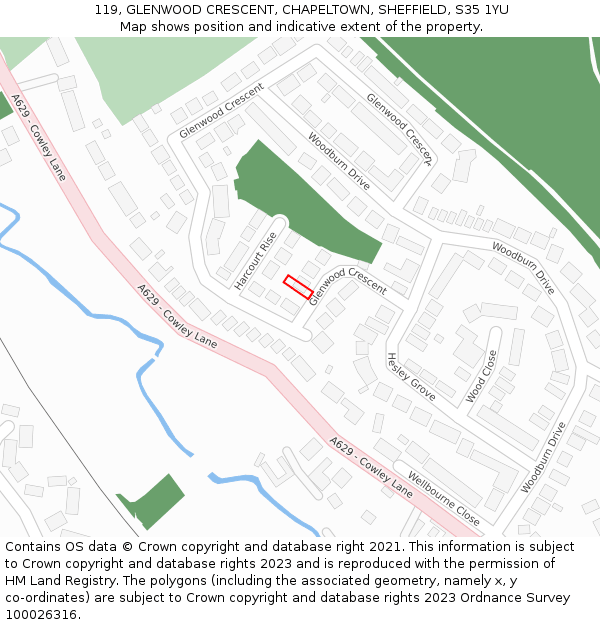 119, GLENWOOD CRESCENT, CHAPELTOWN, SHEFFIELD, S35 1YU: Location map and indicative extent of plot