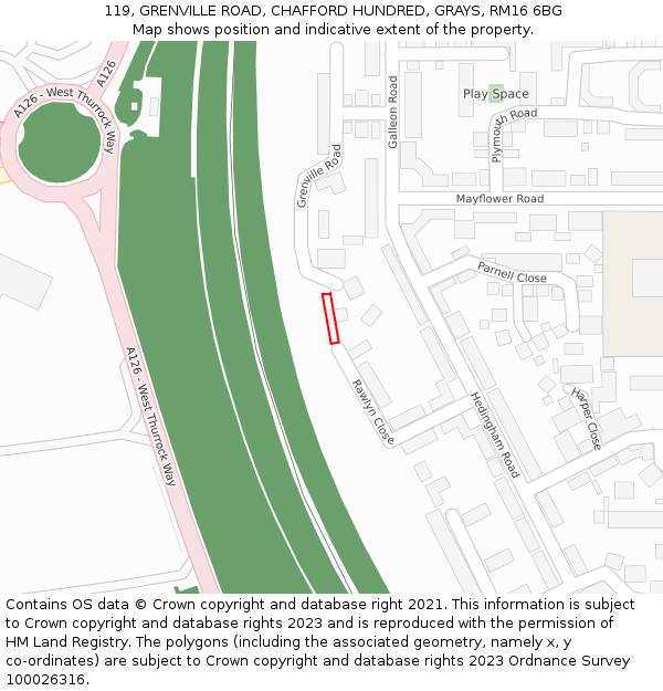 119, GRENVILLE ROAD, CHAFFORD HUNDRED, GRAYS, RM16 6BG: Location map and indicative extent of plot