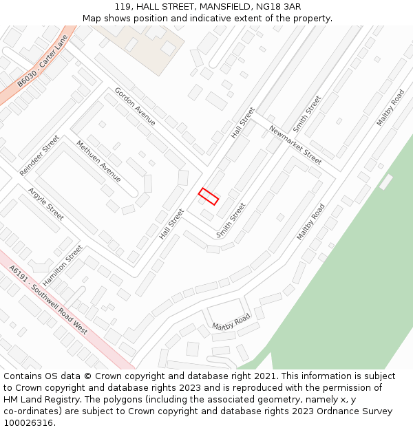 119, HALL STREET, MANSFIELD, NG18 3AR: Location map and indicative extent of plot