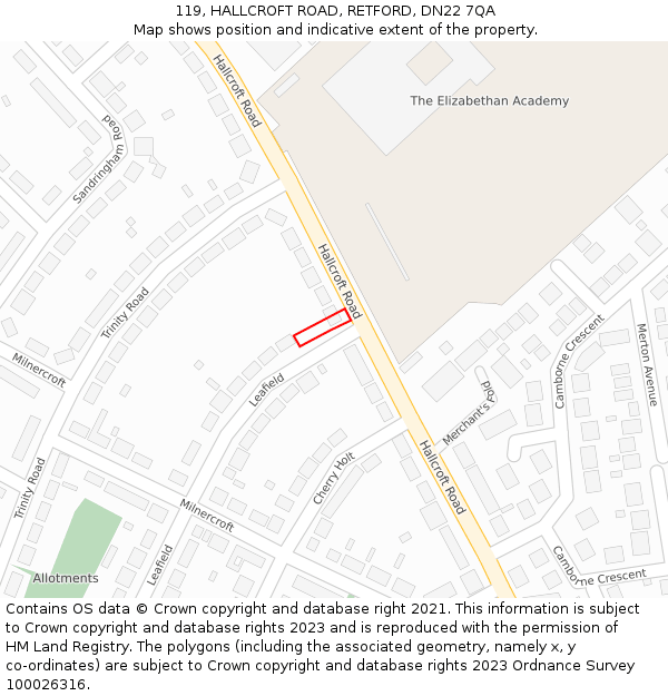 119, HALLCROFT ROAD, RETFORD, DN22 7QA: Location map and indicative extent of plot