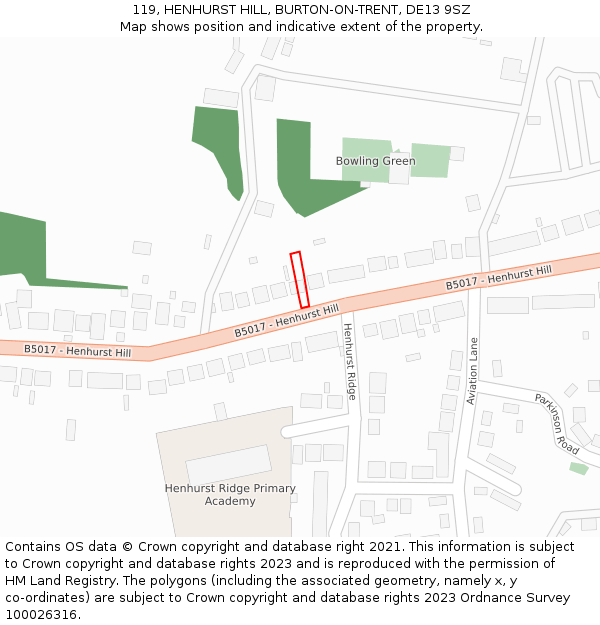 119, HENHURST HILL, BURTON-ON-TRENT, DE13 9SZ: Location map and indicative extent of plot