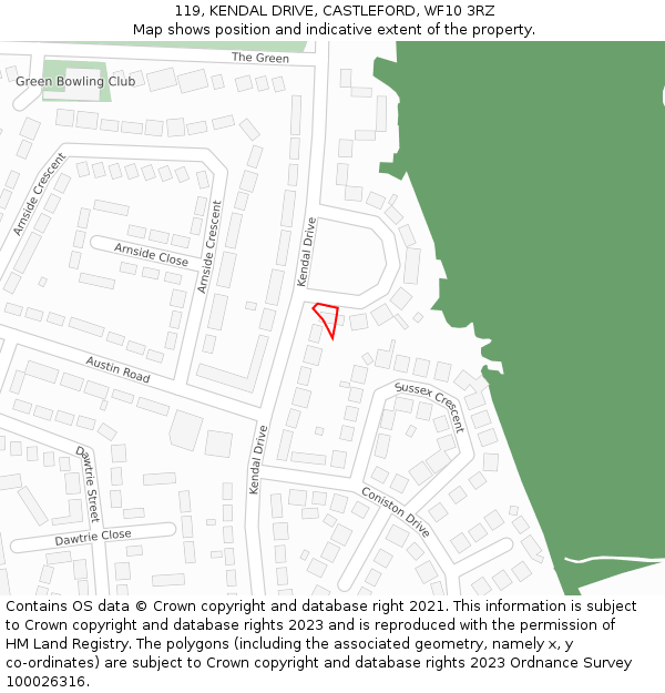 119, KENDAL DRIVE, CASTLEFORD, WF10 3RZ: Location map and indicative extent of plot