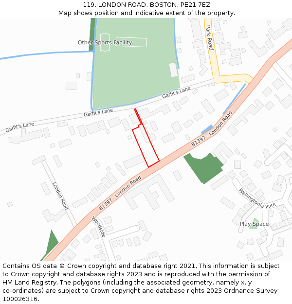 119, LONDON ROAD, BOSTON, PE21 7EZ: Location map and indicative extent of plot