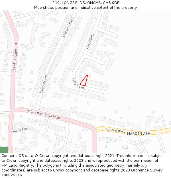119, LONGFIELDS, ONGAR, CM5 9DF: Location map and indicative extent of plot