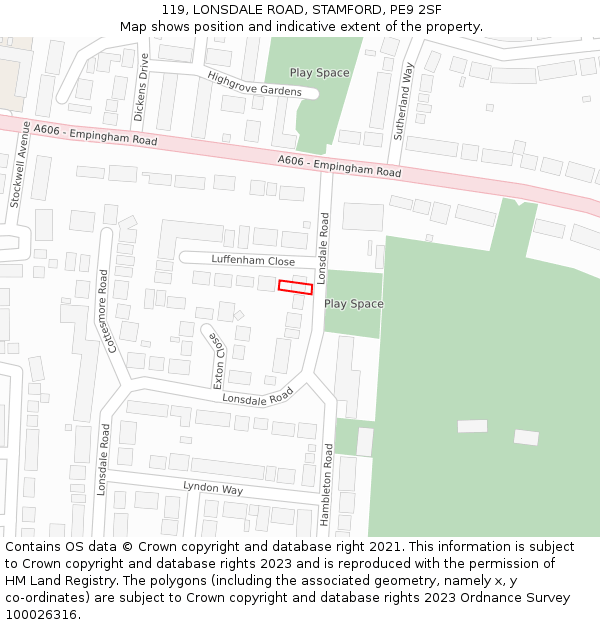 119, LONSDALE ROAD, STAMFORD, PE9 2SF: Location map and indicative extent of plot