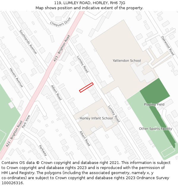 119, LUMLEY ROAD, HORLEY, RH6 7JG: Location map and indicative extent of plot