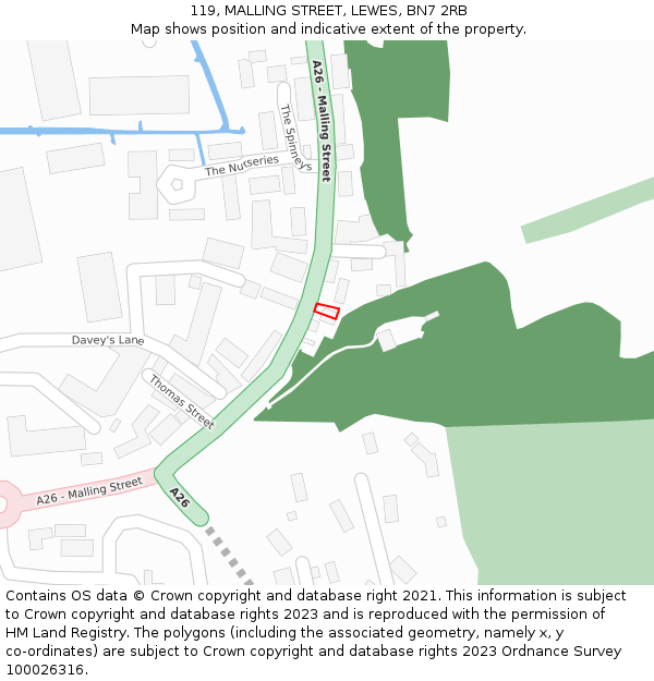 119, MALLING STREET, LEWES, BN7 2RB: Location map and indicative extent of plot