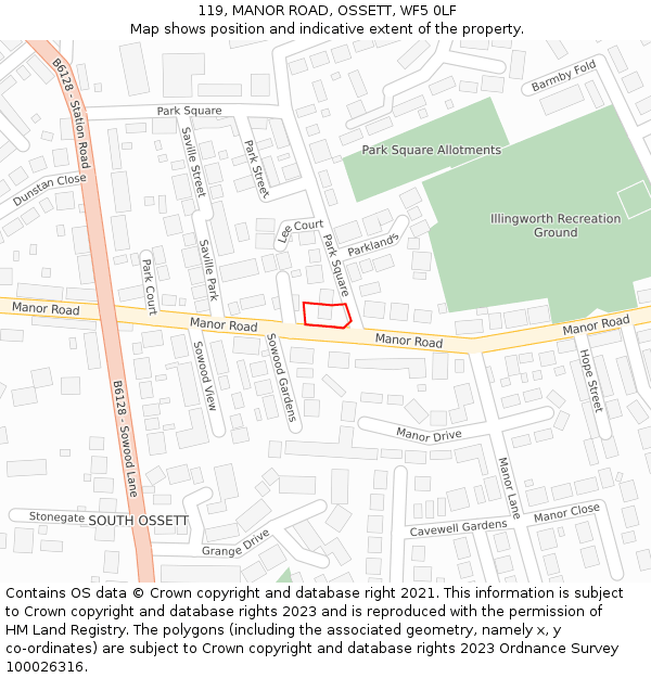 119, MANOR ROAD, OSSETT, WF5 0LF: Location map and indicative extent of plot