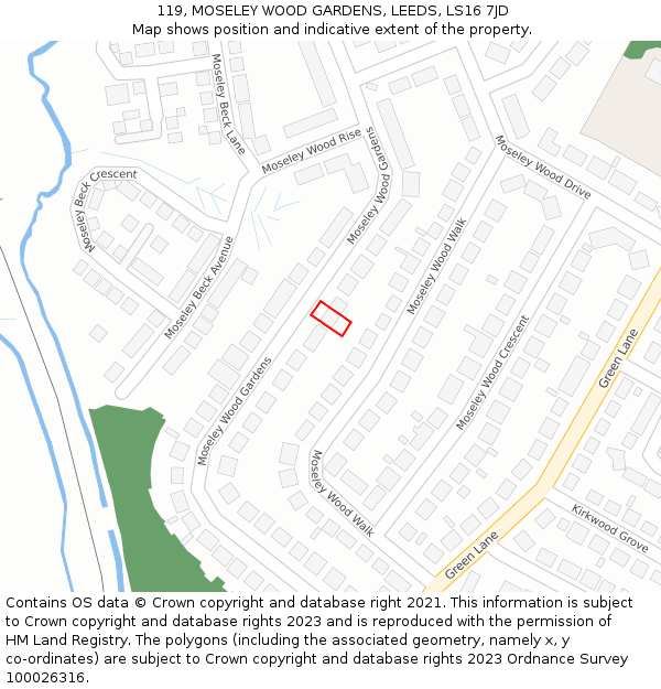 119, MOSELEY WOOD GARDENS, LEEDS, LS16 7JD: Location map and indicative extent of plot