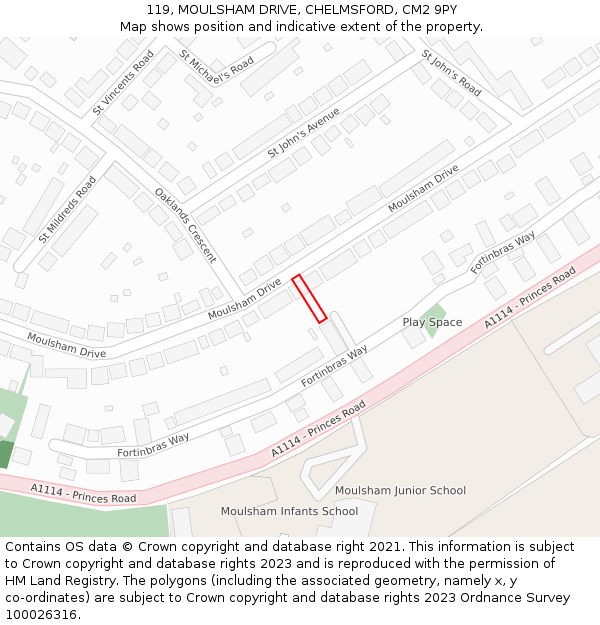 119, MOULSHAM DRIVE, CHELMSFORD, CM2 9PY: Location map and indicative extent of plot